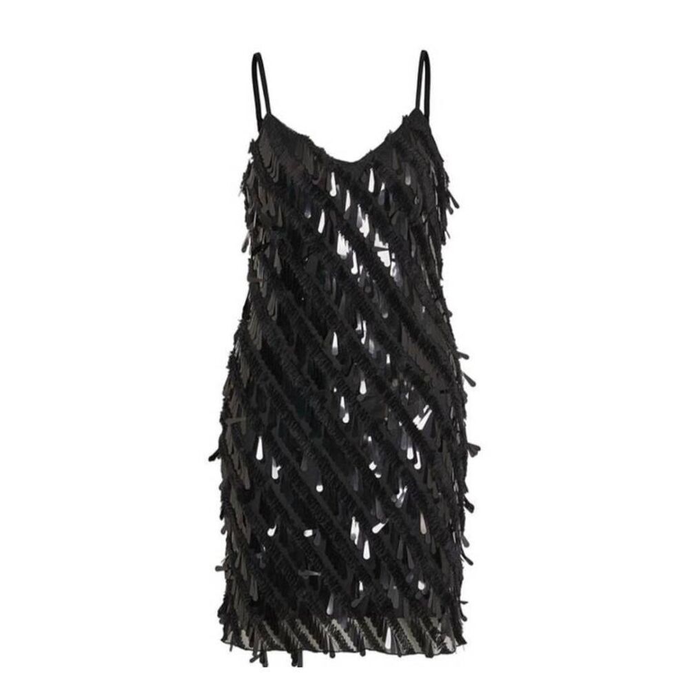 Crystal Doll Womens Sequin Fringe Mini Dress Black S